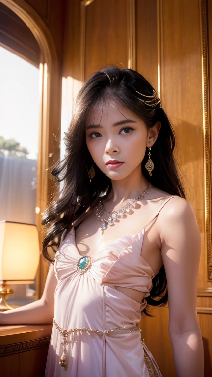 In this delicate and finely detailed masterpiece, a beautiful 8-year-old  is portrayed. She has long curly blonde hair that cascades down her back like angel wings and small breasts. Adorned with intricate jewelry, including a necklace with a dazzling diamond pendant, a bracelet, earrings, and a choker, the girl exudes elegance.

Her white thighs peek out from beneath her dress, adding a hint of innocence to her provocative and sexy pose. The girl gazes directly at the viewer with a seductive yet innocent smile, captivating their attention. The front view of her mesmerizing face, with its detailed lips and intricate details, is truly enchanting