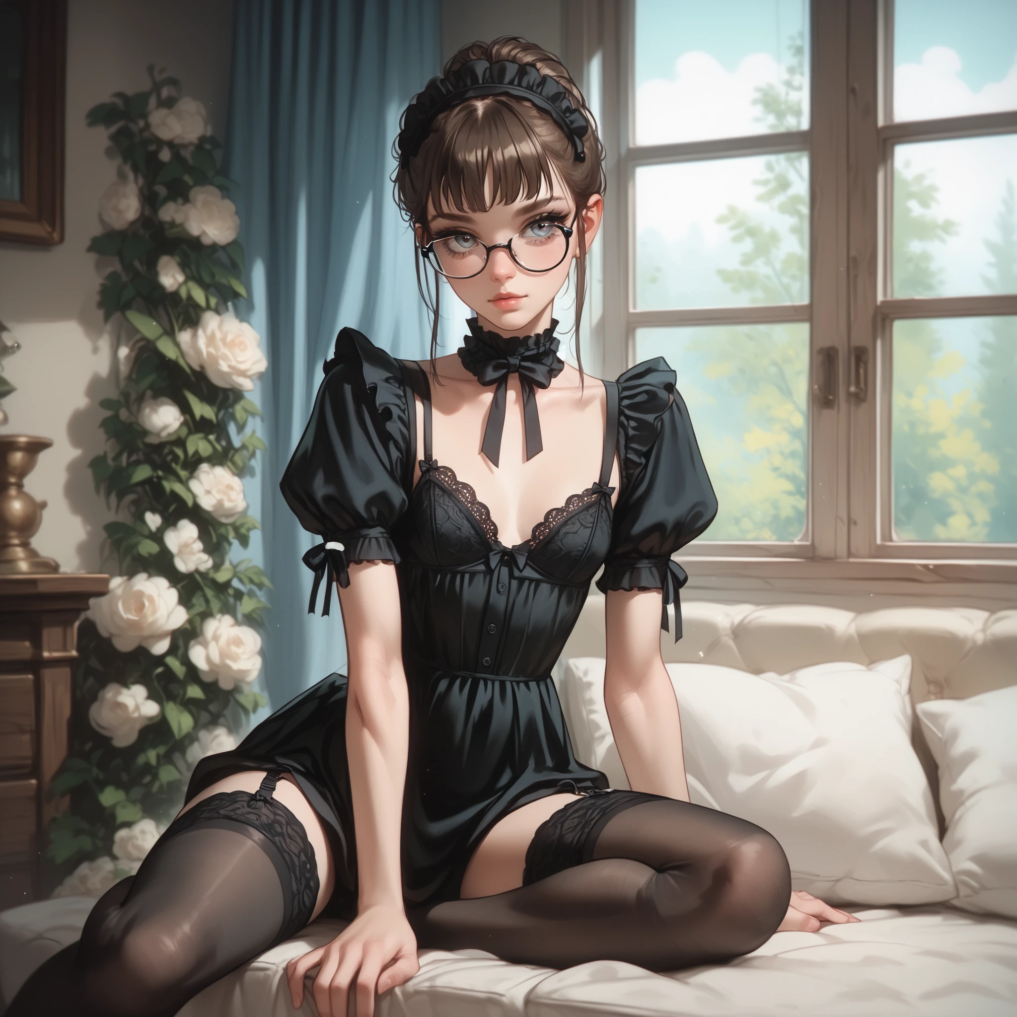 фурри,самка,волк,girl,1,young,skinny body,sexy lingerie,garter stockings,kare hairstyle,glasses,housemaid