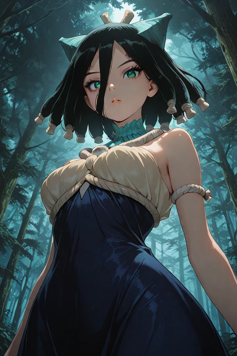 semi-naked gothic woman with pink horns and pink kimono on blue background, black hair, blue eyes, White skin, expression disinterest, anime style, retro anime, retro anime, Berserk style, Gothic, old anime, semi naked body lying in the forest 