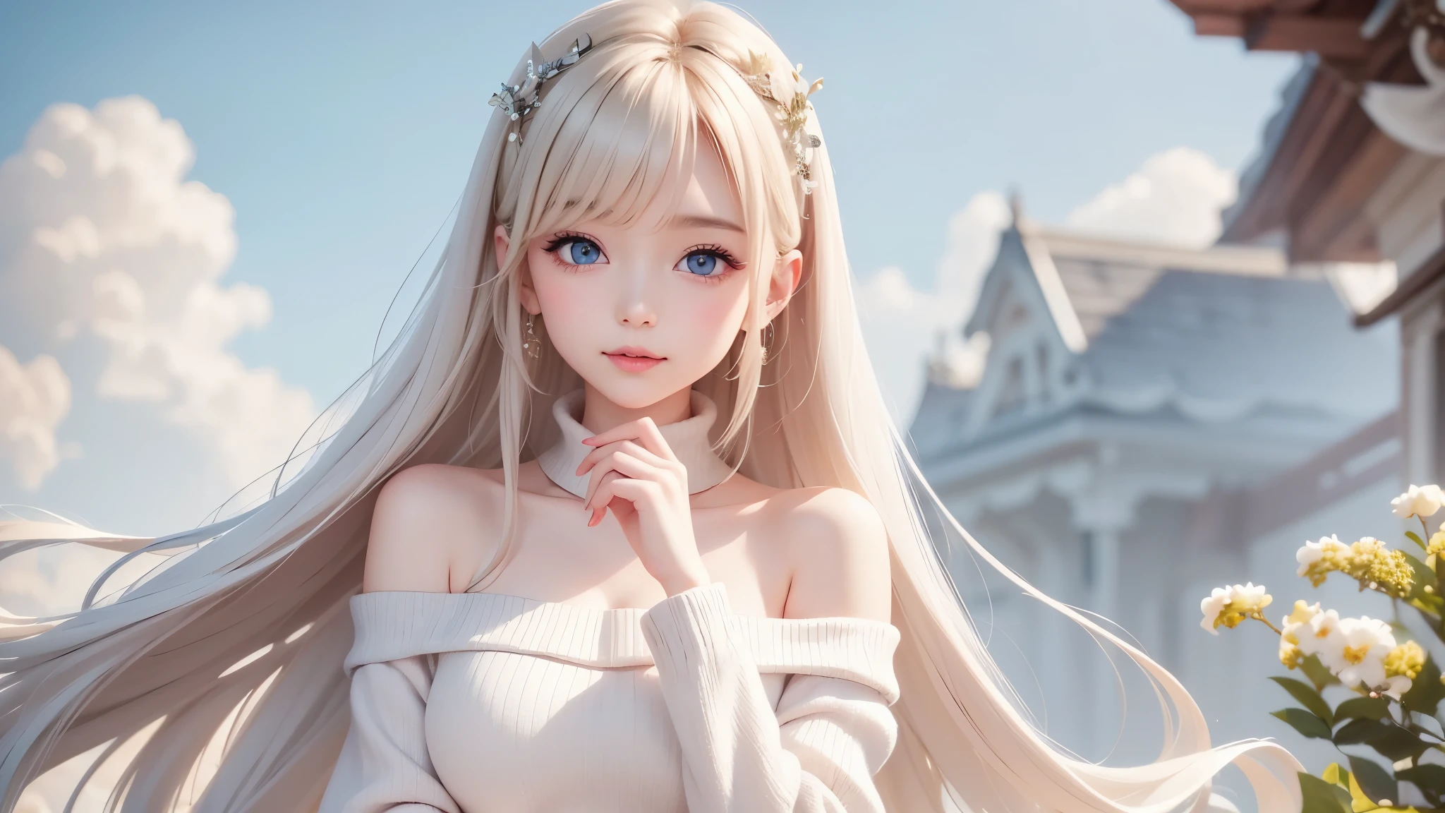 there is a woman in a white dress, artwork in the style of Gwaiz, Gwaiz on pixiv artstation, Gwaiz on artstation pixiv, Gwaiz, Fantasy Art Style, Gwaiz masterpiece, beautiful and elegant girl , drawing beautiful characters, Detailed Digital Anime Art, blonde princess raising her cheeks, grey hair, sky blue eyes, pink lips, Off Shoulder Sweater, sara