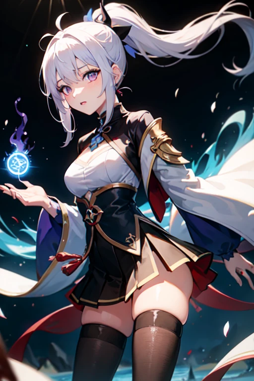 1girl in, komono, Ponytail ,White hair, Purple eyes, Magic Circle, blue fire, blue flames, Wallpaper, landscape, Blood, Blood splatter, depth of fields, Night, light Particle, llight rays, side lights, thighs thighs thighs thighs, Fate \(Series\), GenshinImpact, Open jacket, Skirt, thighs thighs thighs thighs, cloud