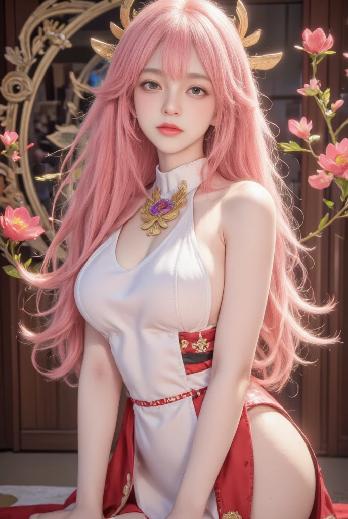 (optimum,tmasterpiece,High picture quality),There was a girl in a white dress, clubs,red fox,oriental architecture ray tracing,best qualtiy,light particules,Extremely detailed 8k wallpaper,Sexy beauty,mature,Super detailed eyes,busty figure,(Pink hair,Yae Miko,the original god),sleek legs,intricately details,Cold white skin,(Carefully portray blush),Messy beauty,The skin is shiny and silky,beautidful eyes,An extremely delicate and beautiful girl,full bodyesbian