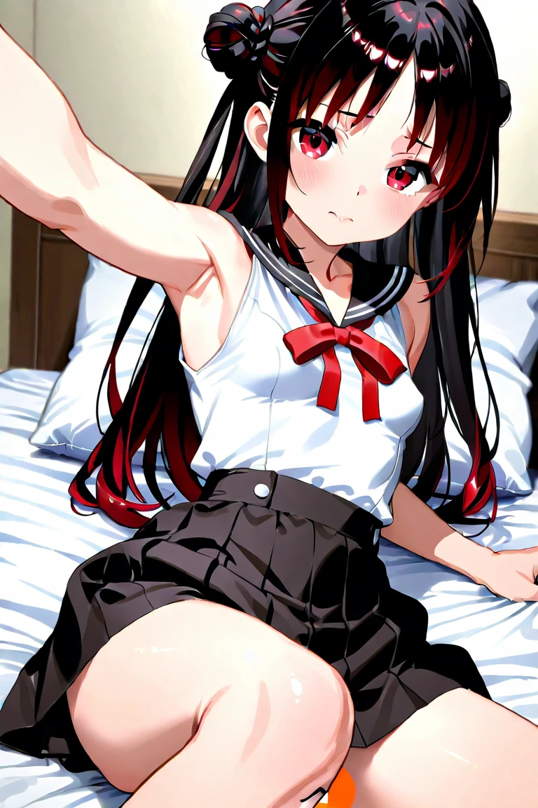 wavy black hair, piercing look with deep red eyes, average stature, Silky hair with a ponytail hairstyle collected with a red bow with two white lines, lying in her bed , has a vagina, has breasts,NSFW, poses perverteds, lustful look, perverted, wearing a top, wearing a mini skirt, showing my ass to the camera, transparent lingerie panties 
