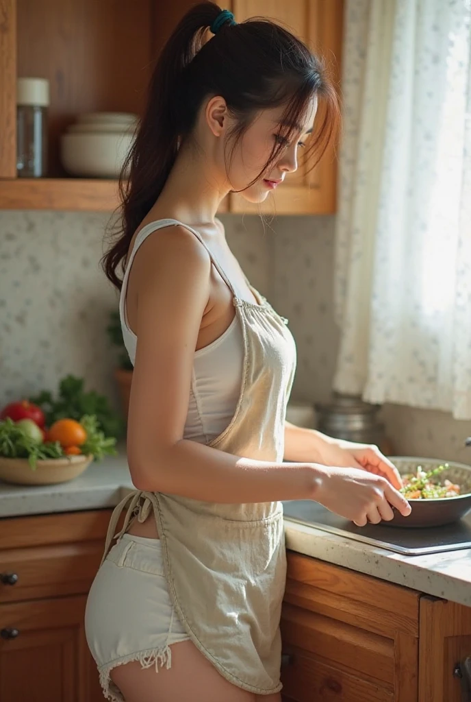 after enjoying sex、((Naked apron to hide your chest))make a salad with、young beautiful white glamor、brown hair、18-year-old、big breasts、Ponytail、round butt、clear blue eyes、parted lips、Full body shooting from the side、side boob、Gently stare at the camera while cooking、High resolution、8K、