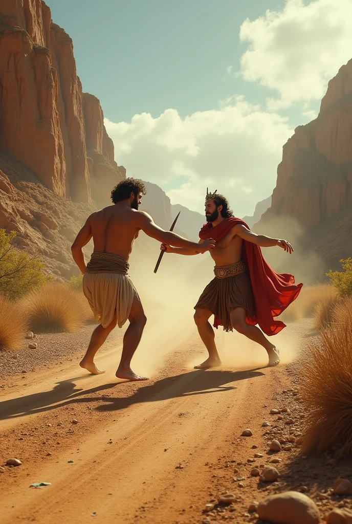 KING SAUL ATTACKS DAVID, 2 young man, THROWING A SPEAR IN YOUR DIRECTION, DAVID MANAGES TO DODGE, of biblical times, red hair, SHEEP SHEPHERD'S CLOTHING. 8K realistic picture.