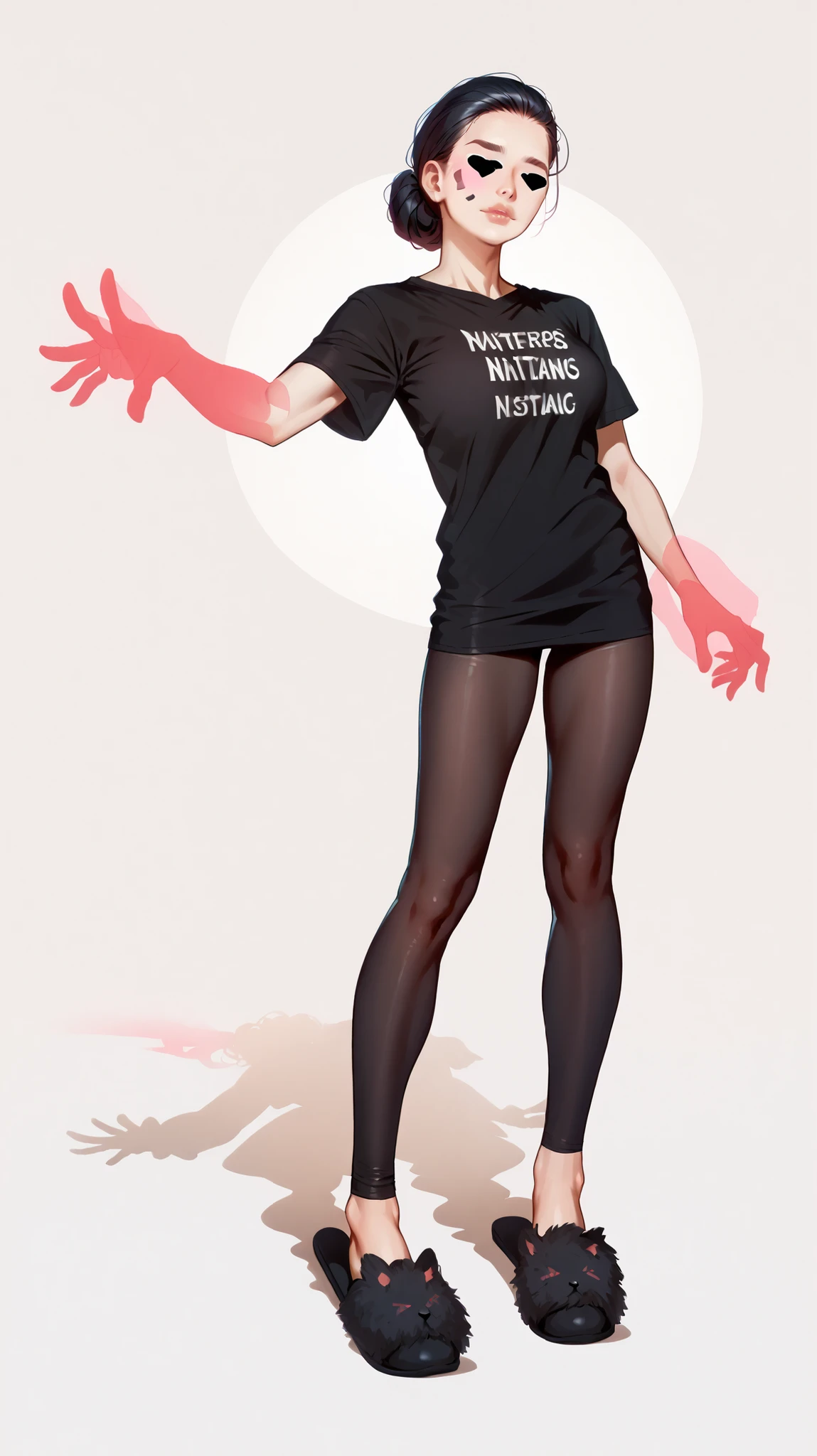 Score_9, score_8_up, score_7_up, Full body of 1girl , wearing black t-shirt, black leggings, black slippers, hyper dynamic scene, detailed face, perfect detailed hands, Masterpiece, High Resolution, Accurate, Anatomically Correct, Best Quality, Award Winning, 