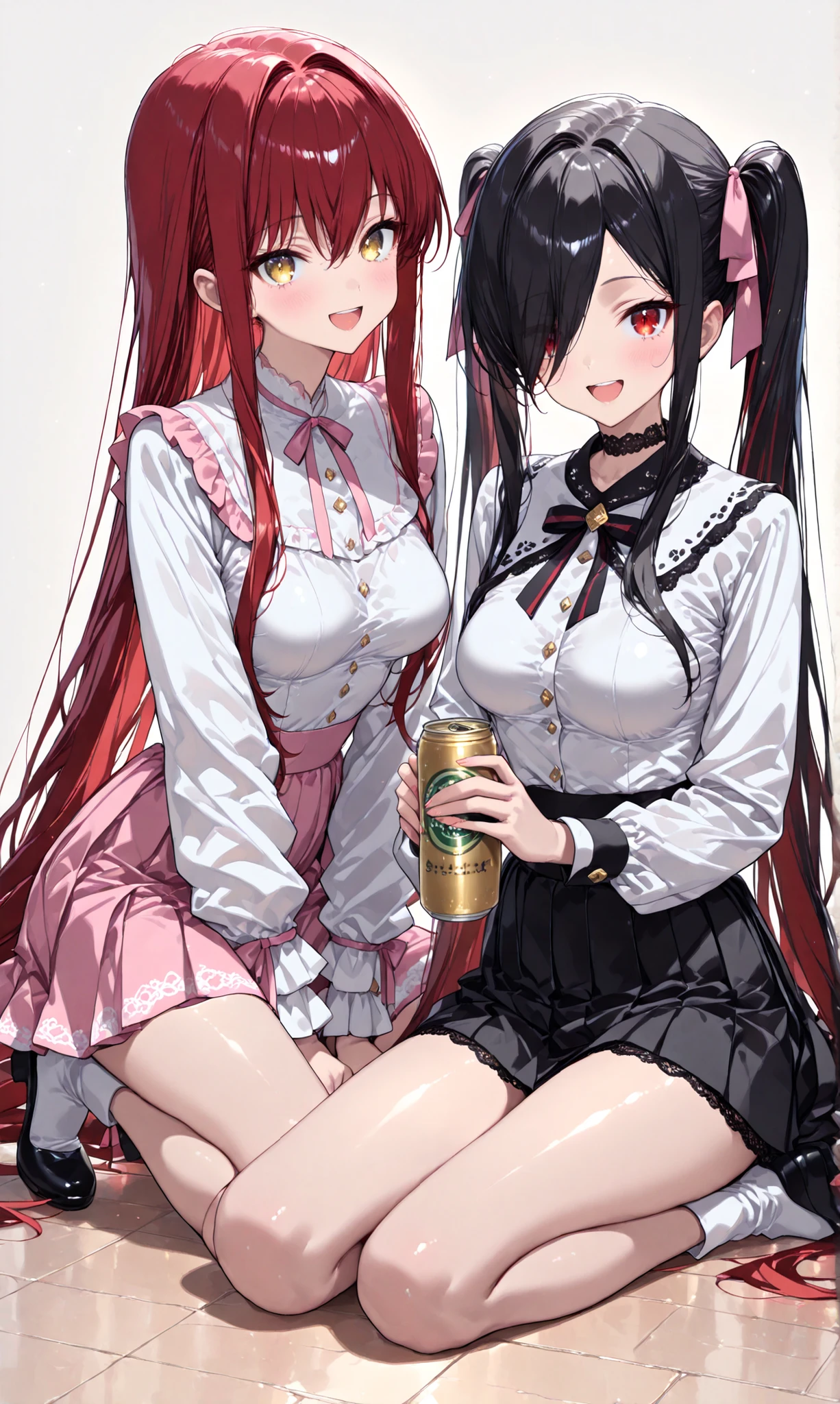 (watercolor: 0.5), ( pastel : 0.5), laughing while sitting , BREAK 2girls, multiple girls, BREAK 1girl, Kuroki Monika, red eyes, black hair, very long hair, hair over right eye, medium breasts, (petite but curvy), (very cute), long twin tails
Negative Prompts 1 girl , golden eyes , very long hair , long sidelocks, red hair , petite , very cute , beautiful ,Straight hair, cool, handsome, hair between eyes, medium breasts 、 long twin tails BREAK holding a can of drink , sitting on the ground , Soft brush , tilt your neck, pink ruffle blouse , black pleated skirt , drink can ribbon accent , Black Lace Trim , pink and black aesthetic , cute Japanese fashion , white minimalist background , video viewers , Drink from a can with a straw , Holding a drink can, full body view. , beautiful, masterpiece, high quality, 4K UHD, ridiculous