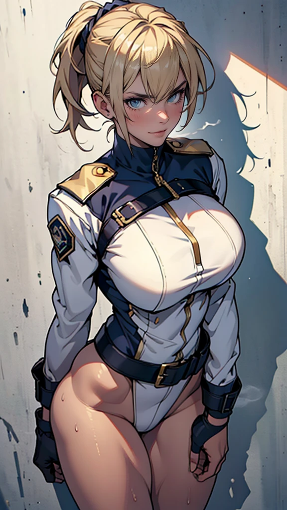 (High definition CG Unity 8k wallpaper). (masterpiece). (Highest quality). (Ultra definition). (Best illustration). (Best Shadow). (Absurd). Sweat. steam. stare. female police officer. She is 20 years old. Her hair is tied up. she is blonde. She is in uniform. Navy hot pants. She covers her skin with dark gray full body stockings. She has a whip in her hand. She looked down. she has big breasts.