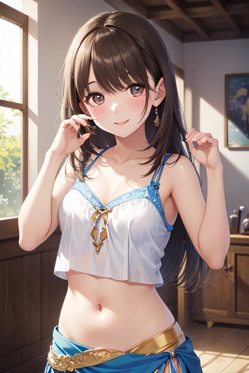 Highest quality, masterpiece, High resolution, 一人in, {sarinoga_Fleet Collection:1.15}, brown_hair, length_hair, ponytail, ~ side_ponytail, hair_between_eye, green_eye, chests, ~ sidelocks, big_chests, smile, pocket, chest_pocket, chimney, One girl, blush, good, chestの谷between, clavicle, Looking_in_Audience, underwear, white_good, Closed_mouth, panties, underwear_only, white_panties, chimney_hair_ornament, upper_body
