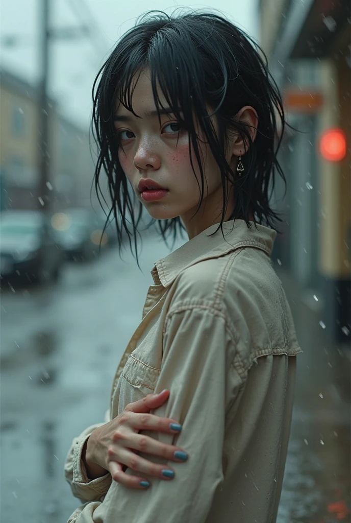 masterpiece, best quality, 2girls, (closeup:1.5), 18yo , slim, small breast, side view, sad, tired, dirty face, green raincoat, (backpacks), heavy rain, downpour, wasteland, train station, industrial ruins, grey, desolate, rain, dark, watercolor, analog, ((open coan:1.4)), ((topless:1.3))