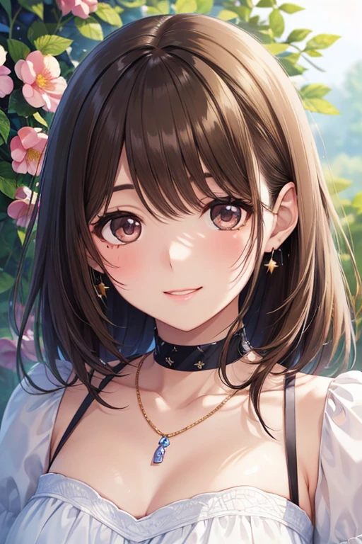 Great quality, masterpiece, High Resolutiupon, One girl, blush, (Cute Smile: 0.8), Star Eyes, hair accessory, jewelry, beauty, upon_body, Tyndall effect, Realistic, Peach Blossom Forest, Light Edge, Two-tupone Lighting, (Skin with attention to detail: 1.2), 8K UHD, Digital SLR, Soft Light, high quality, Volumetric lighting, Voyeur, photograph, High Resolutiupon, 4K, 8K, Background Blur,Brown Hair,Small breasts