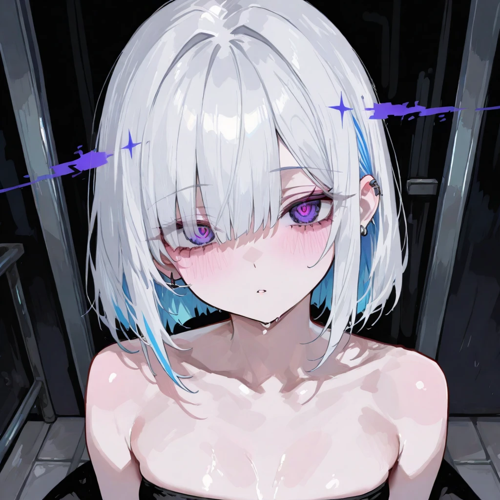 Hentai Pose、Woman with white hair and bob hair、blue eyess、The whole body is wet with white liquid、Glare、Teary-eyed、Female sexy、A sexy、Beautiful woman、Yogurt is poured all over the body and gets dirty、Training room