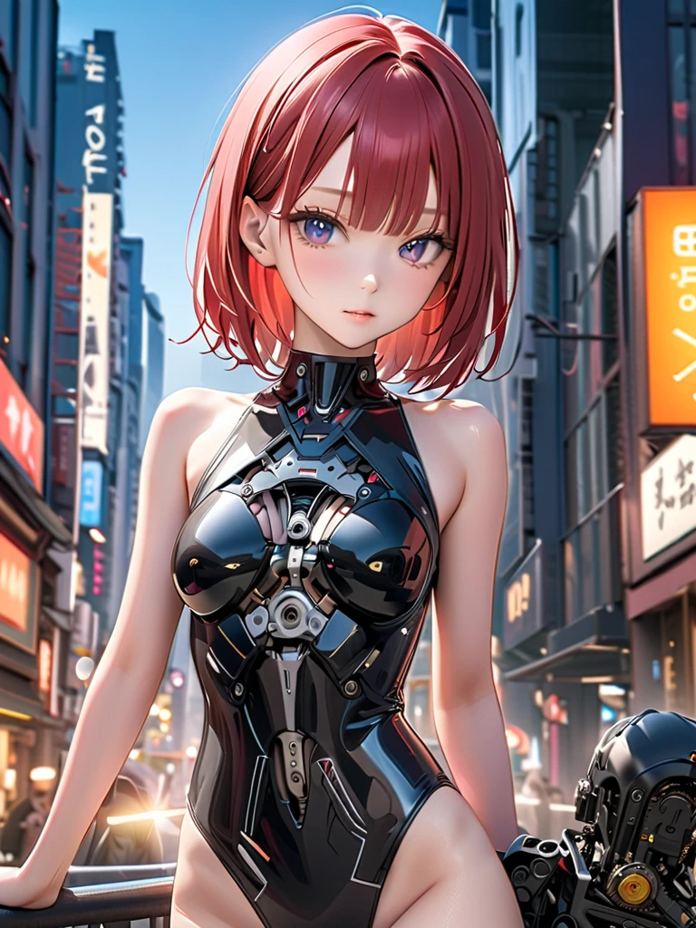8k raw phote,HDR,((masterpiece:1.2)) , (((Highest quality))), Mastepiece,.1girl, scarlet hair, bob with bangs, blue pupils, BREAK, skinny body, mechanical body with deferent parts, BREAK, in the city,depth of field,lens flare,
