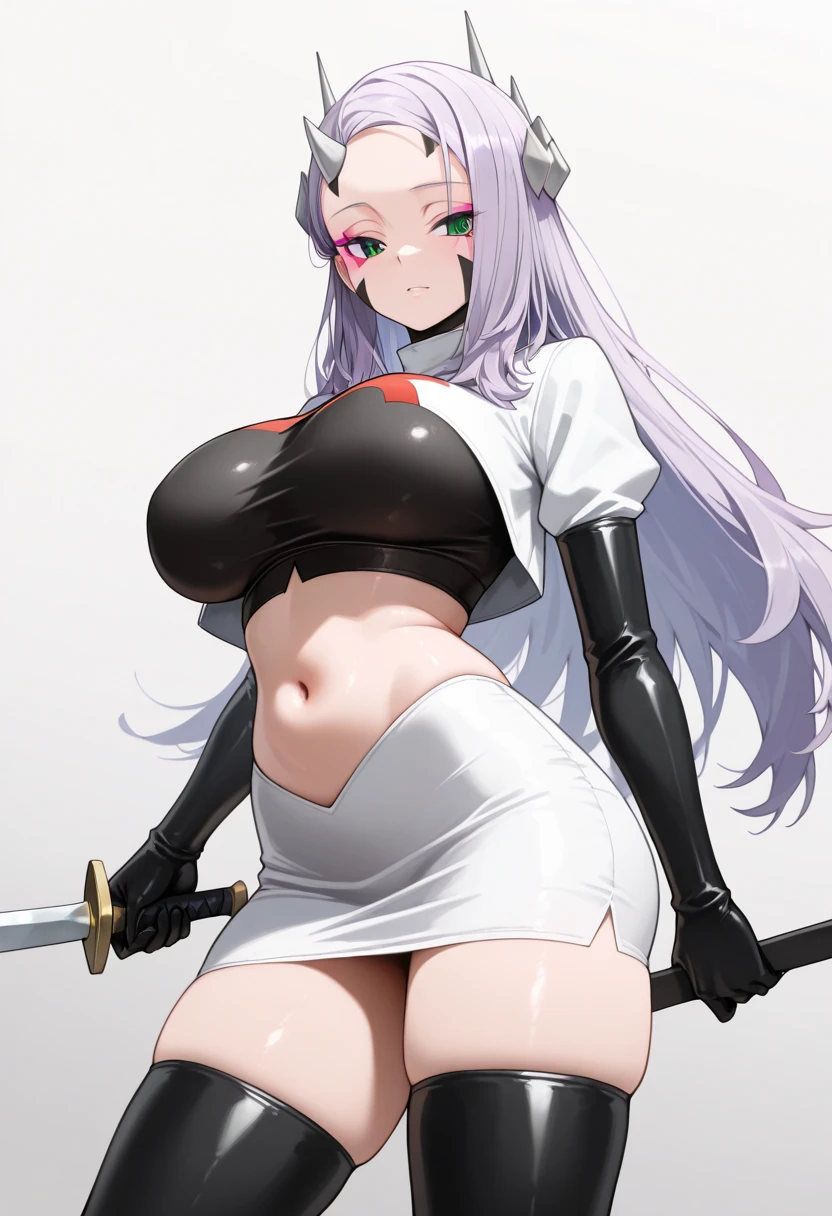 ((masterpiece)), ((best quality)), ((grotesque and splatter)), beautiful girl, curvy, tall, belly button, big breasts, femdom, slaughter, bloody white dress, Blood on the body, Bloody, Blood on the belly button, Blood on the belly, Blood on the breasts, tall, bloody knife, bloody sword, bloody belly, war, fight, kill, Behead, shot from below, POV from fallen enemies, sensual, Blood on the breasts, smile, spattered by much blood, having a big bloody sword, reflecting blood on the whole body, looking down on me, massaging breasts, getting excited sexially, kill everyone, blood splatter, cruel, background with battlefield, cut off head of man, holding a severed head
