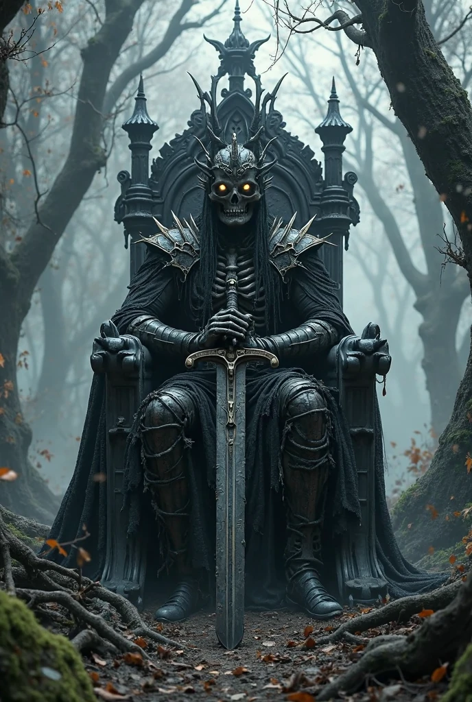 image of an old king standing in a dense, shadowy forest, holding a skull with a look of deep contemplation. The forest, ancient and mystical, is filled with towering, gnarled trees whose branches twist and intertwine above, blocking out most of the light and casting the scene in a dim, eerie twilight. The forest floor is covered with a thick carpet of fallen leaves, moss, and tangled roots.
The old king, dressed in tattered royal robes that hint at former grandeur, stands solemnly amidst the trees. His crown, once a symbol of power and authority, is now worn and tarnished, barely clinging to his thinning white hair. His face, lined with age and sorrow, reflects years of wisdom, loss, and contemplation.
In his hands, he holds a skull, its hollow eyes staring back at him. The king's expression is one of deep reflection, as if he is communing with the past or pondering the fate that awaits him. The skull, weathered and cracked, is a stark reminder of mortality and the passage of time.
The surrounding forest is alive with subtle details: faint whispers of wind through the leaves, the distant calls of nocturnal creatures, and the soft glow of bioluminescent fungi clinging to the bark of the trees. Rays of moonlight occasionally pierce through the canopy, illuminating patches of the scene with a ghostly light.
This image captures a moment of profound introspection and mystery, blending themes of power, decay, and the inexorable march of time in a dark medieval fantasy setting.