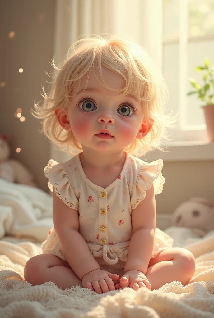 infant girl, 4 month old, big green eyes, short hair, blonde curly hair, smiling, fluffy cotton dress