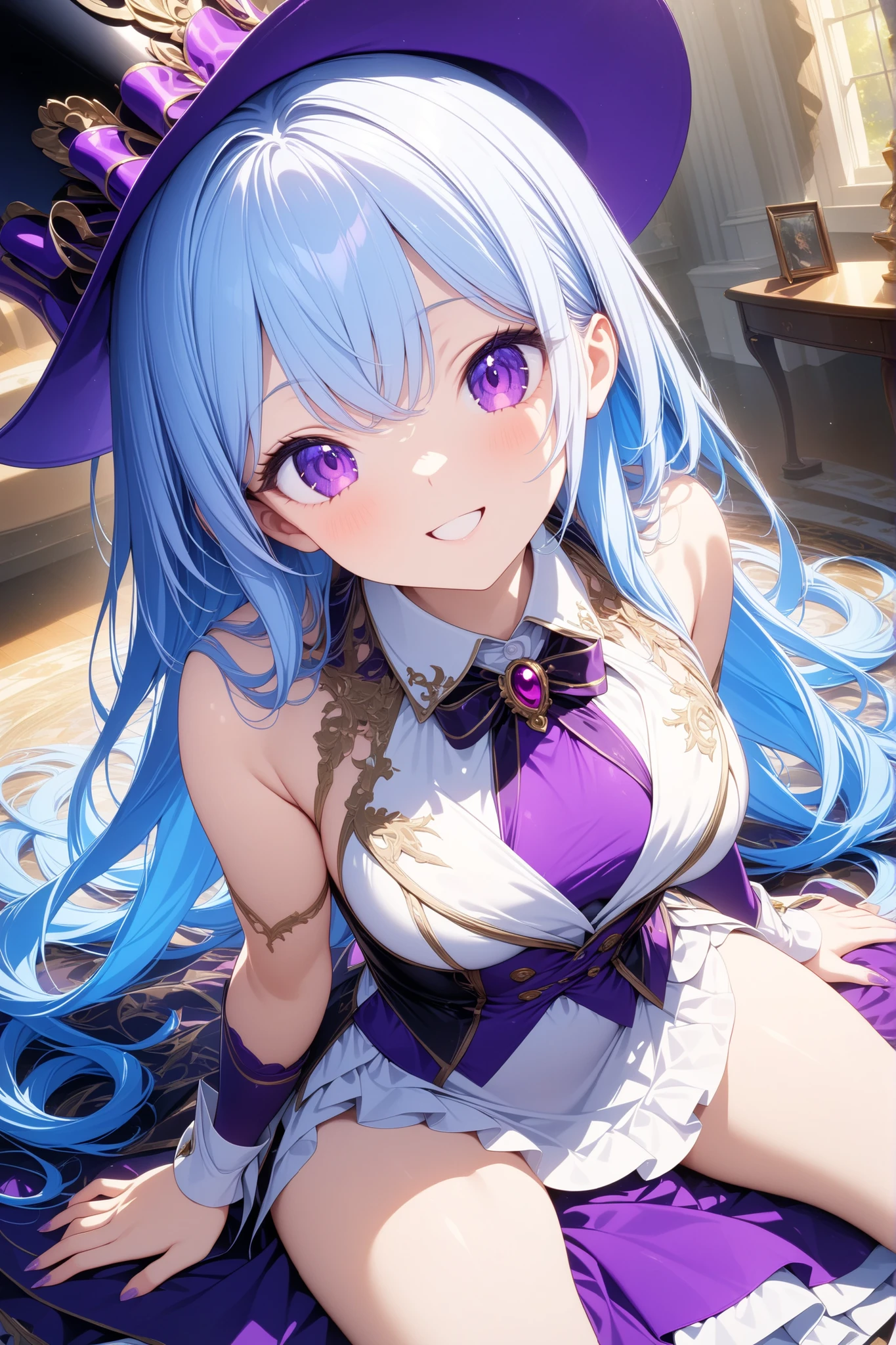 masterpiece,amazing quality,best quality,ultra-detailed,8K,illustration,CG,1girl,light blue hair,long hair,purple & white made costume ,purple eyes ,top hat,happy smile,mansion,