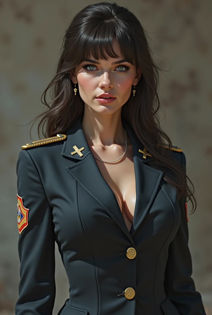 a beautiful russian military woman with large breasts, long hair, perfect face and body, wearing a sexy militaire clothing all over thé body  highly detailed, photorealistic, masterpiece, 8k, hyper realistic, hyper detailed, intricate details, dramatic lighting, chiaroscuro, oil painting, cinematic lighting, dramatic composition, dramatic pose, sensual, elegant, powerful, alluring