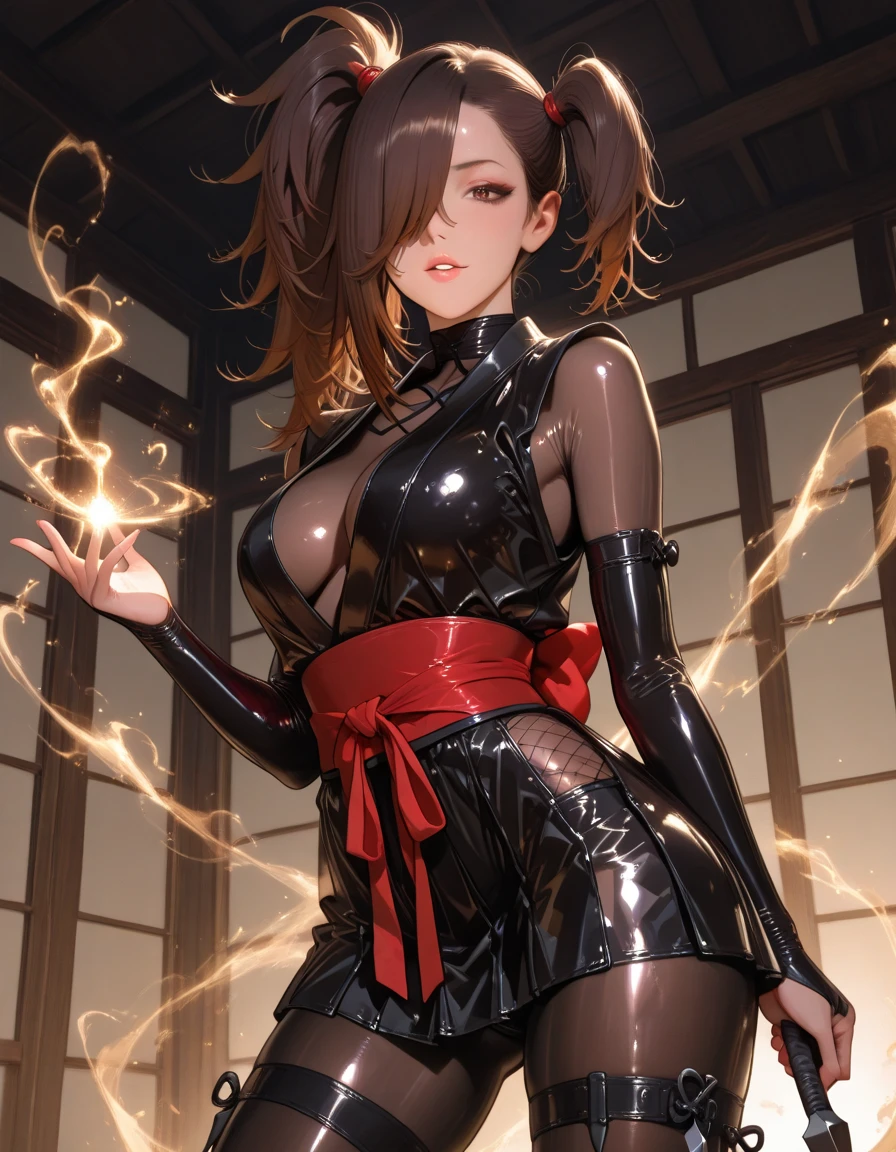 1 girl, bob, center part, forehead, brown hair, piercing, brown eyes, smile, modest breast,
BREAK (masterpiece), (high resolution 8K), cinematic lighting, professional lighting, detailed eyes and face, detailed body,
BREAK (ninja:1.2),(fishnet-bodysuit:1.3), bare shoulders, detached sleeves, cleavage,thighhighs,ponytail,(red ribbon:1.2),(ninja sword:1.3)