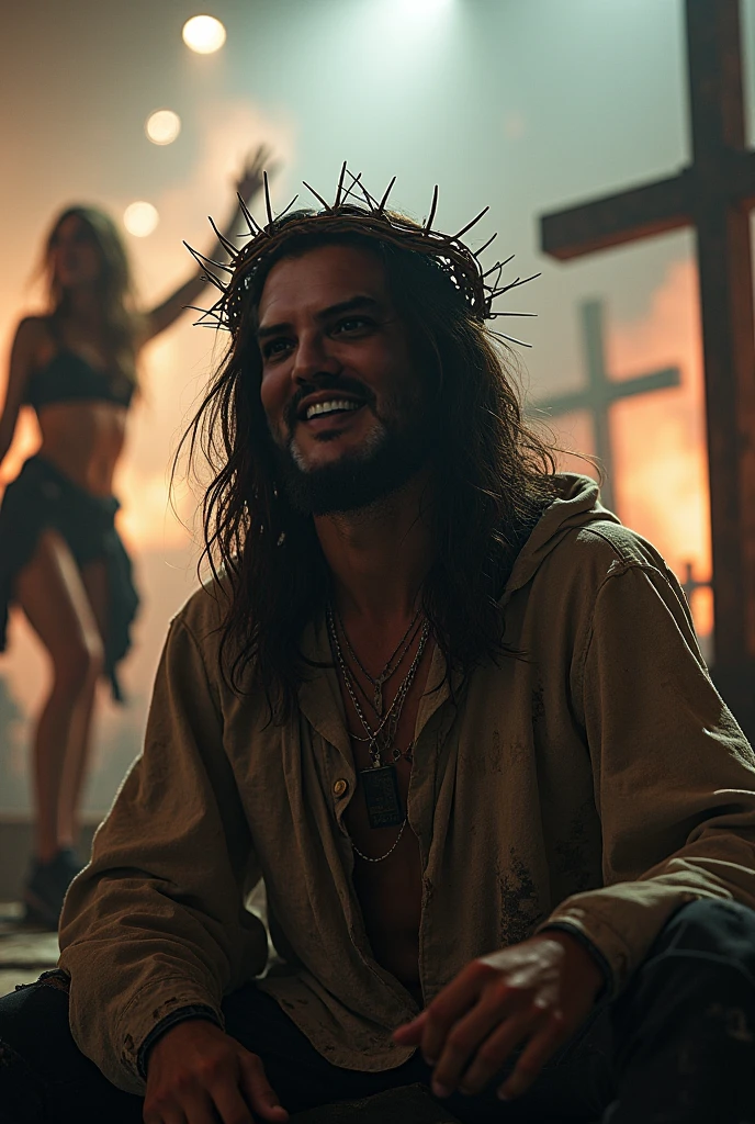 Jesus the Metalist in tattered clothes, mysterious smile, A crown of thorns on the head, realistic view, HdR, At a metal concert, In the background, a pole dancer on stage