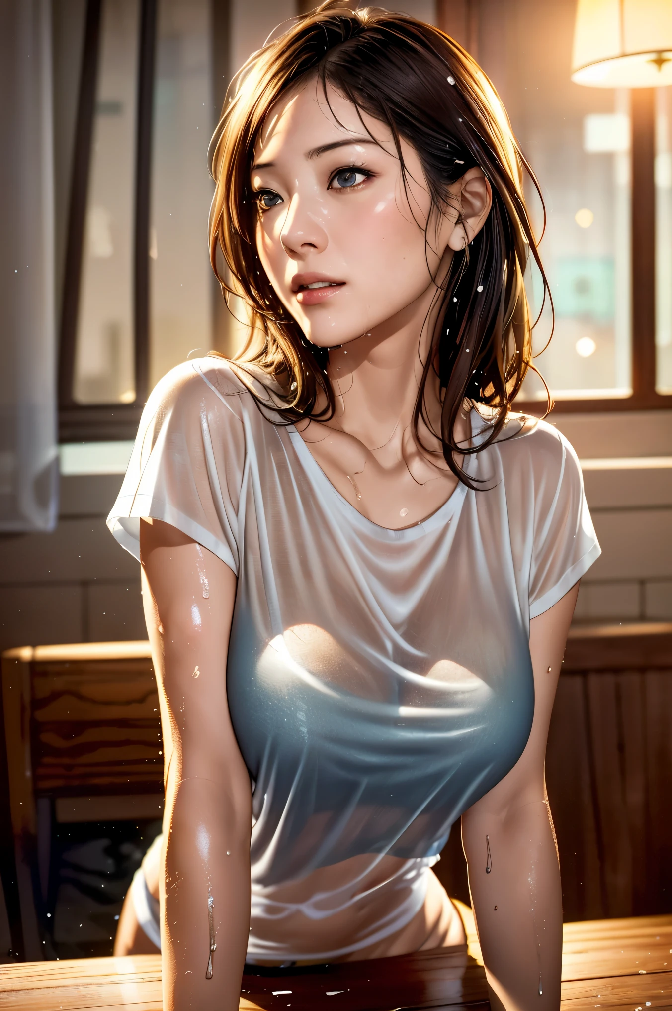 ((nude))、(Photorealistic: 1.4), (超realisticな: 1.4), (realistic: 1.3), (smooth lighting: 1.05), (映画館照明の quality improvement : 0.9), 32K, 1 girl, 20 year old girl, realistic Lighting, backlight, Face Light,     ray tracking  , (bright light: 1.2), (  quality improvement  : 1.4), (  Top quality realistic textured skin : 1.4), fine grain, detailed face, QUALITY EYES  , (tired,  Enhances a sleepy and satisfied mood  : 0.0), Table Top, T-shirt, ( Body Line Enhancement : 1.1), (improving skin texture: 1.1) masterpiece,  ultra high resolution , (Photorealisticistic: 1.4),  RAW photos , 1 girl, Darkness, deep shadow, Modest, Cold Light,  Light clothing, wet body, underwear, see-through underwear