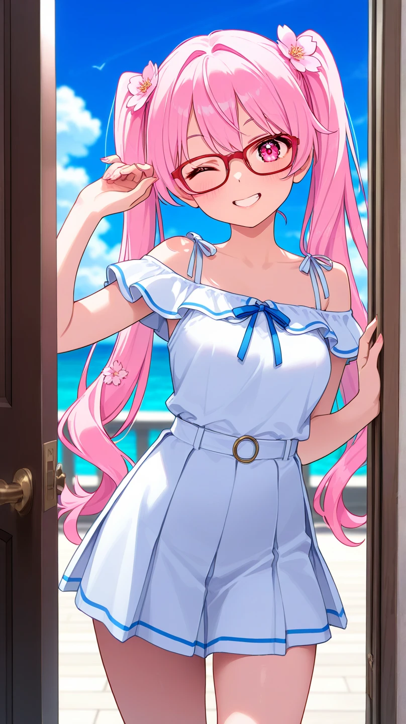 best quality, master part, Altas, sozinho, {Circe_FGO:1.15}, pontudo_Ouvidos, Rosa_Hair, Head_Asas, Asas, franja, emplumado_Asas, Longas_Hair, jewelries, sorrir, seios, colar, corar, pequeno_seios, multicolorido_olho, 1girl, glasses, faixa de cabelo, propriedade, Olhando_em_visualizador, Caudas duplas, emoldurado a preto_eyeglass, jaleco, camisa, eyeglass_Removido, verde_olho, propriedade_eyeglass, Longas_Mangas, One_olho_fechado, open sky_boca, Rosa_fundo do olho, janela