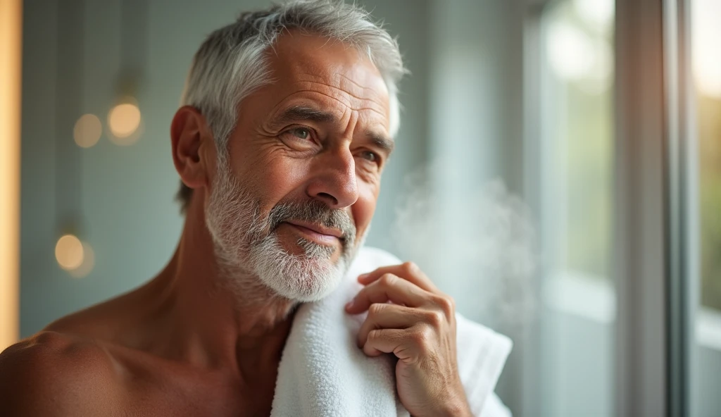 Image of a handsome hairy white mature man in the bath smiling