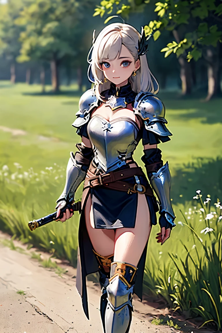 Be realistic,(masterpiece,Highest quality,Highest quality,Very detailed,Fractal Art,Most detailed,triple D cup breasts, bubbly ass, large breasts,(Flower field background:1.5)(1 Girl),Kamimei,(Hair length),(Green eyes glow、your breasts will grow,Stunned),crystallization,sexy、Machinery Armor、Sunburned skin、(Holding a byword:1.3)、break, (Holding a shield:1.3),(mini skirt)、A kind smile