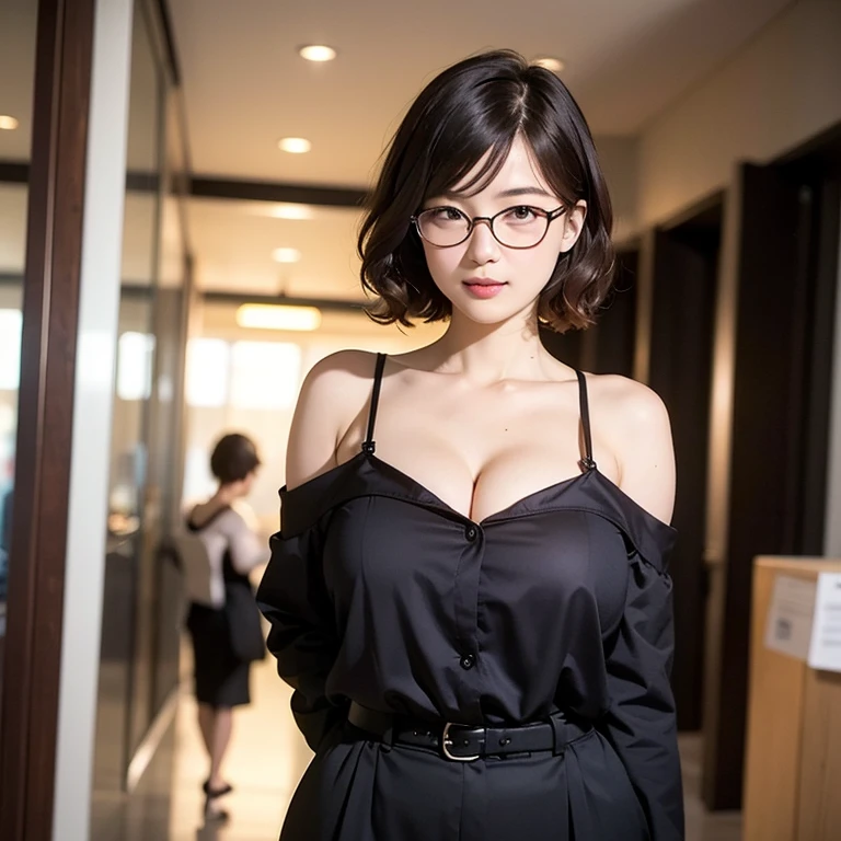 (highest quality、table top、8k、best image quality、Award-winning work)、one beautiful woman、25 years old、solo、perfect beautiful composition、(Huge breasts that are about to burst:1.2)、(huge cleavage:1.1)、(Emphasize the bust the most:1.1)、(Perfect office blouse bursting:1.1)、Exactly、(emphasize body line:1.1)、(Straight very short hair:1.1)、elegant office tight mini skirt、look at me and smile、(Classy glasses:1.1)、(Strongly blurred office corridor background:1.1)、stand gracefully、natural makeup、Ultra high definition beauty face、ultra high definition hair、Super high-definition sparkling eyes、(Super high-definition shining pure white skin:1.1)、Super high resolution glossy lips、accurate ???????、(very bright:1.1)