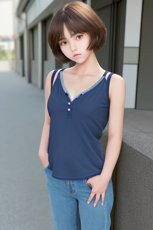 One girl,summer,Inside the room,Standing,Black Hair,Short Bob,Navy blue tank top,button,smile,6th grade elementary school,Honor student,Innocent,front,Small bulging lines on the chest,Look here,transparent, Soft Light,(masterpiece, Highest quality), Structure of the film, Like a movie