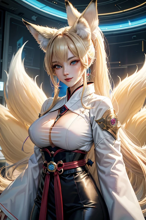 a japanese young woman kitsune with fox ears and three fox tails, white hair kitsune inspired armor, with kitsune mask on her face, fox, kitsune holding torch,Ambiance sombre by Yang J, Guweiz, (best quality, 4k, highres, masterpiece:1.2), ultra-detailed, (realistic, photorealistic:1.37), HDR, UHD, studio lighting, ultra-fine painting, sharp focus, physically-based rendering, extreme detail description, professional, vivid colors, bokeh, portraits, landscape, horror, anime, sci-fi, photography, concept artists, vibrant color tones, atmospheric lighting