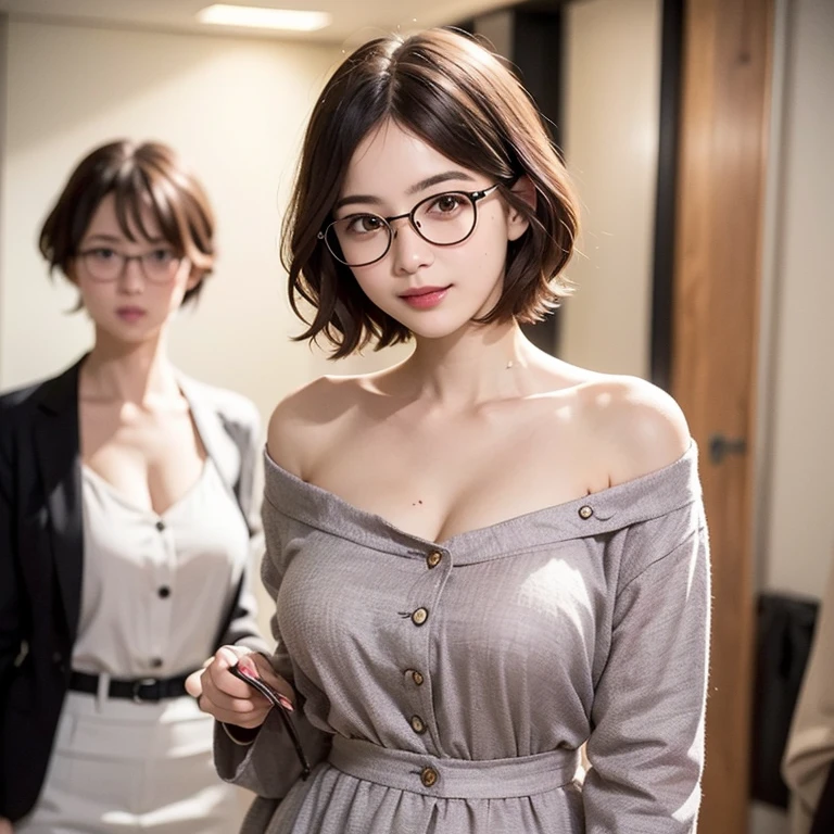 NSFW、Octa Rendering、japanese mature、50 years old、two girls、Random body shape、Shirt with wide open chest、Suit with random color、Two executives are lesbians、Put your cheeks together and press your breasts together、We always look closely at each other、sexual caresses on breasts