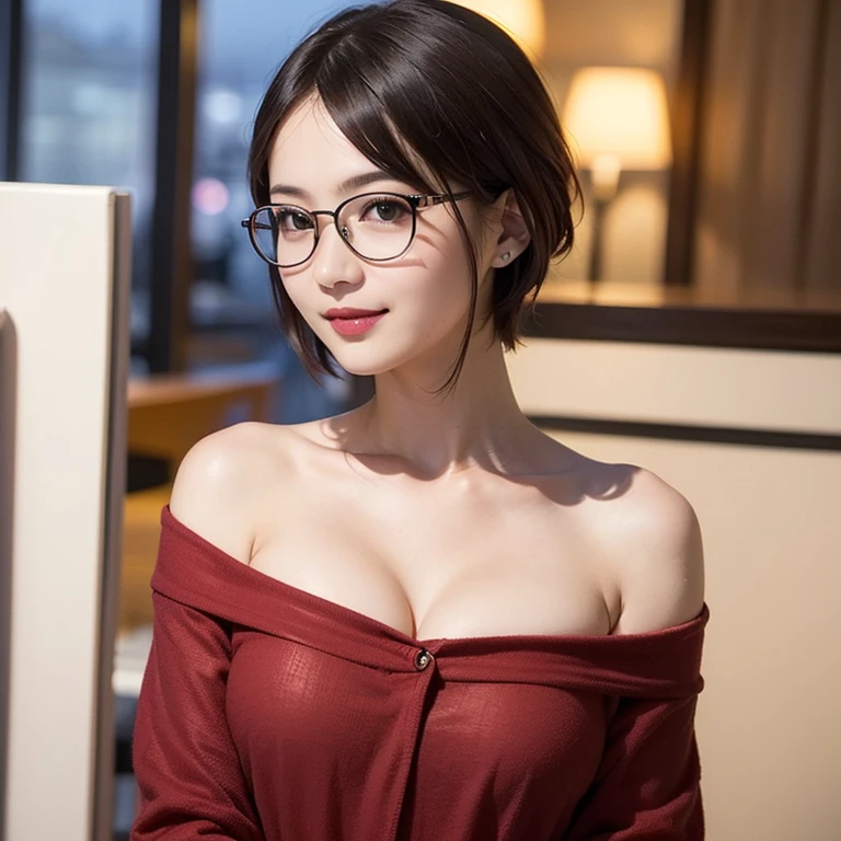 1girl, uchiha sarada in anime boruto, short hair, black hair, red eyes, smile, beautiful, sexy dress, sexy clothes, red clothes, wear red glasses, very big breast, realistic clothes, detail clothes, outdoor background, ultra detail, realistic