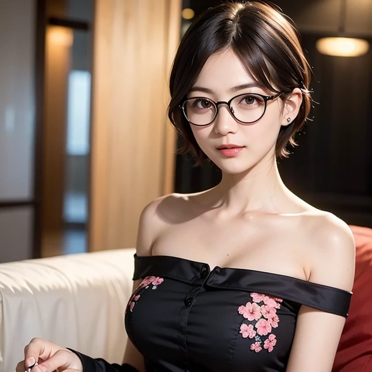 (Highest quality、Highest quality、8k resolution、masterpiece、Professional photography、Award-winning works)、(Beautiful Japanese office lady:1.1)、(The most romantic night in a love hotel:1.1)、(Strongly blurred background:1.1)、The most romantic and moody atmosphere、(The perfect dark navy business suit:1.2.、Half naked:1.3)、(Cleavage:1.3)、(Voluptuous body:1.3)、Standing Elegantly、Voluptuous body、(Very short bob hair:1.1)、(Classy glasses:1.2)、A seductive gaze stares at me、(Large Breasts:1.3)、Perfect Makeup、Beautiful lipstick、Elegant eyeshadow、Long eyelashes、Ultra-high resolution glossy skin、(Accurate anatomy:1.1)、(Closed lips:1.3)、(Face close-up:1.2)