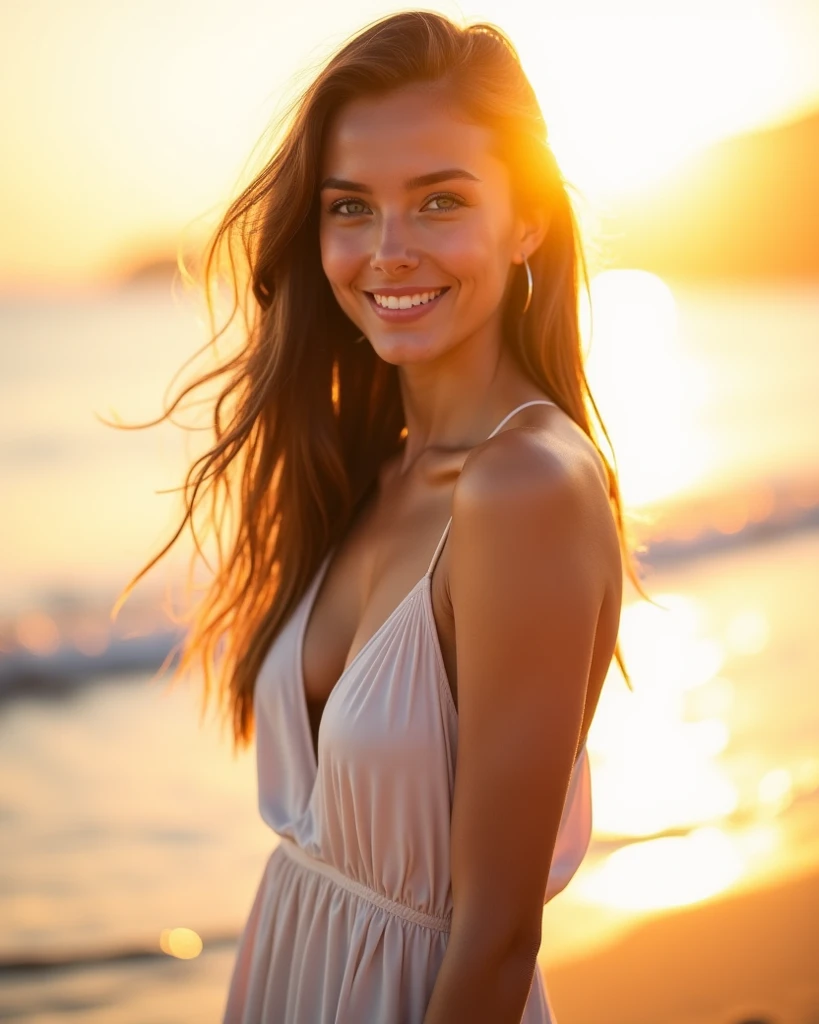 Beautiful one、Detailed eyes、、Highest quality, 超High resolution, (Reality: 1.4), Super Beauty、Beautiful Skin、Slender、Body facing forward、(Surreal)、(High resolution)、(8k)、(Beautiful and detailed eyes)、Detailed face、Bright lighting、Face Focus、Look straight ahead、(The costume is a damask shirt dress.)、Long Hair, Evening scenery、Brown Hair、Japan is an idol、、0、 smile, Seascape