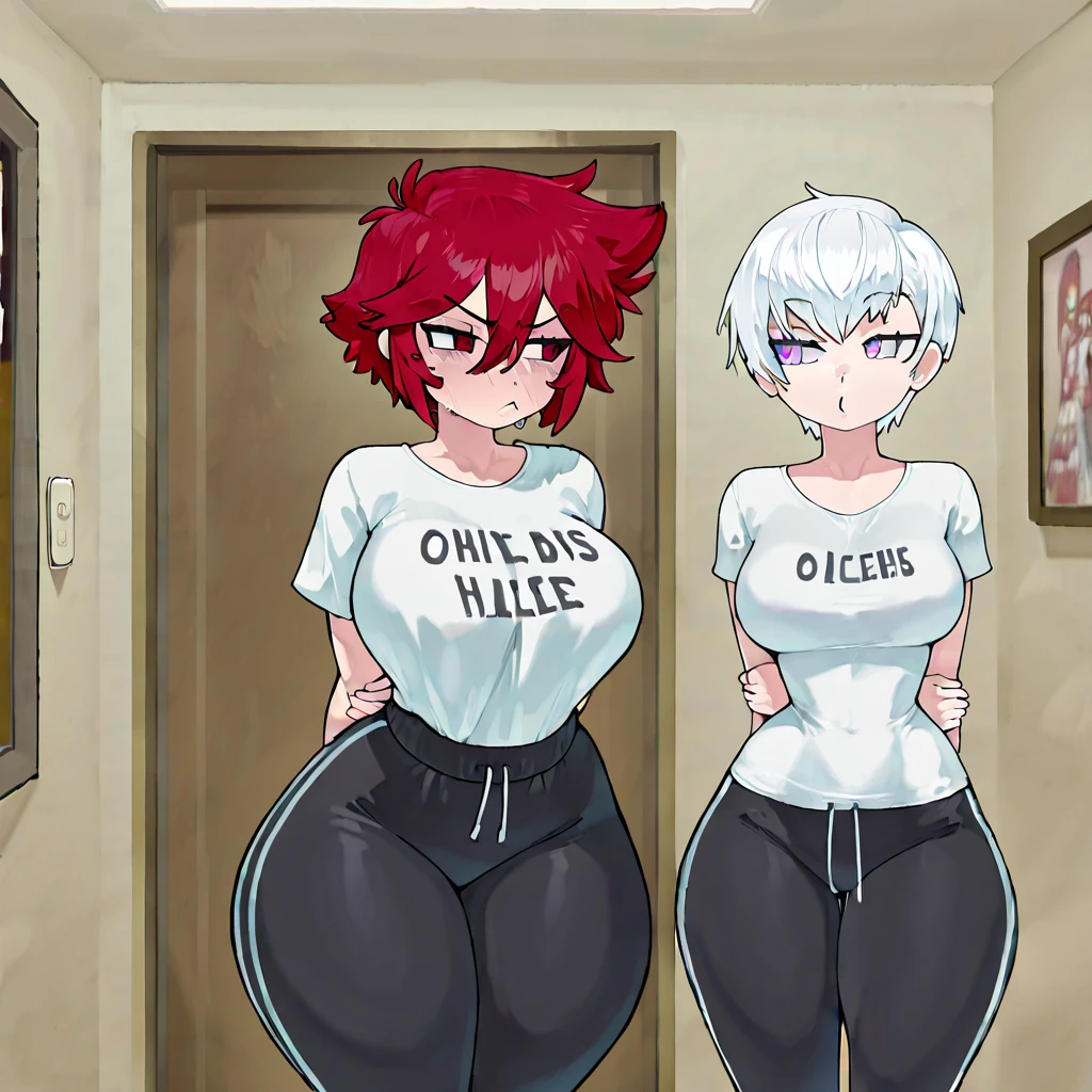 (((kipteitei art))), ((masterpiece)), (((best quality))), ((ultra-detailed)), (((illustration))), detailed face, detailed body, ((2girls)), ((Line art)), (in the style of cell shaded), (vivid colors), skindentation, (((fluffy hair))), looking at viewer, surprised, shocked, worried, tee shirt, blue jeans, skirt, (tight clothes), ((school hallway)), medium breasts, cleavage, perky breasts, tummy bulge, pudgy, soft body, gaining weight, (((wide hips))), ((((thick thighs)))), 2 girls standing next to each other, hip grab,