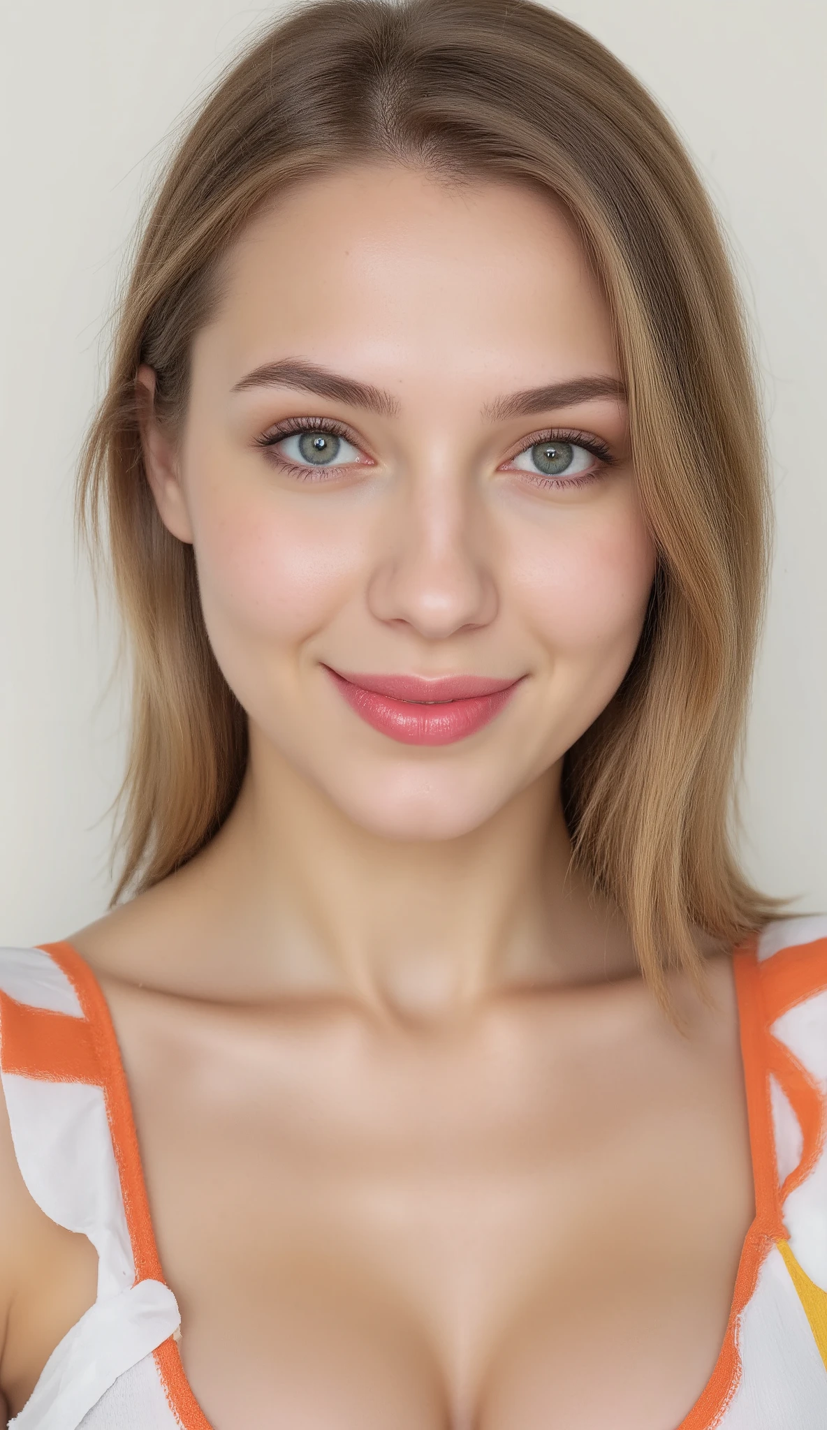 A young adult woman who appears to be White Caucasian with long, straight brunette hair, pulled back slightly, is the focus of a close-up portrait. She has red lipstick. She is wearing a white top with orange and yellow geometric patterns and ruffled sleeves. She has no visible tattoos or accessories.
The background is blurred and indistinct, but appears to be a light-colored wall with some texture. The lighting is soft and even, illuminating her face and upper body gently. The artistic style is a close-up portrait, possibly a selfie or taken at close range. The overall mood is pleasant and approachable.
