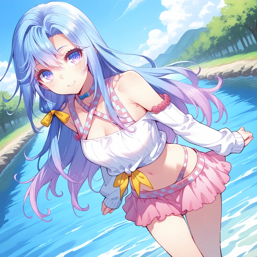 ((4K, master piece, Best Quality)), 1girl in, Emilia re:zero, purple eyes, Emilia, crown braid, x hair ornament, flower hair ornament, white hair, very long hair, medium breasts, Cute, blush, medium breasts, swimsuit, summer smile