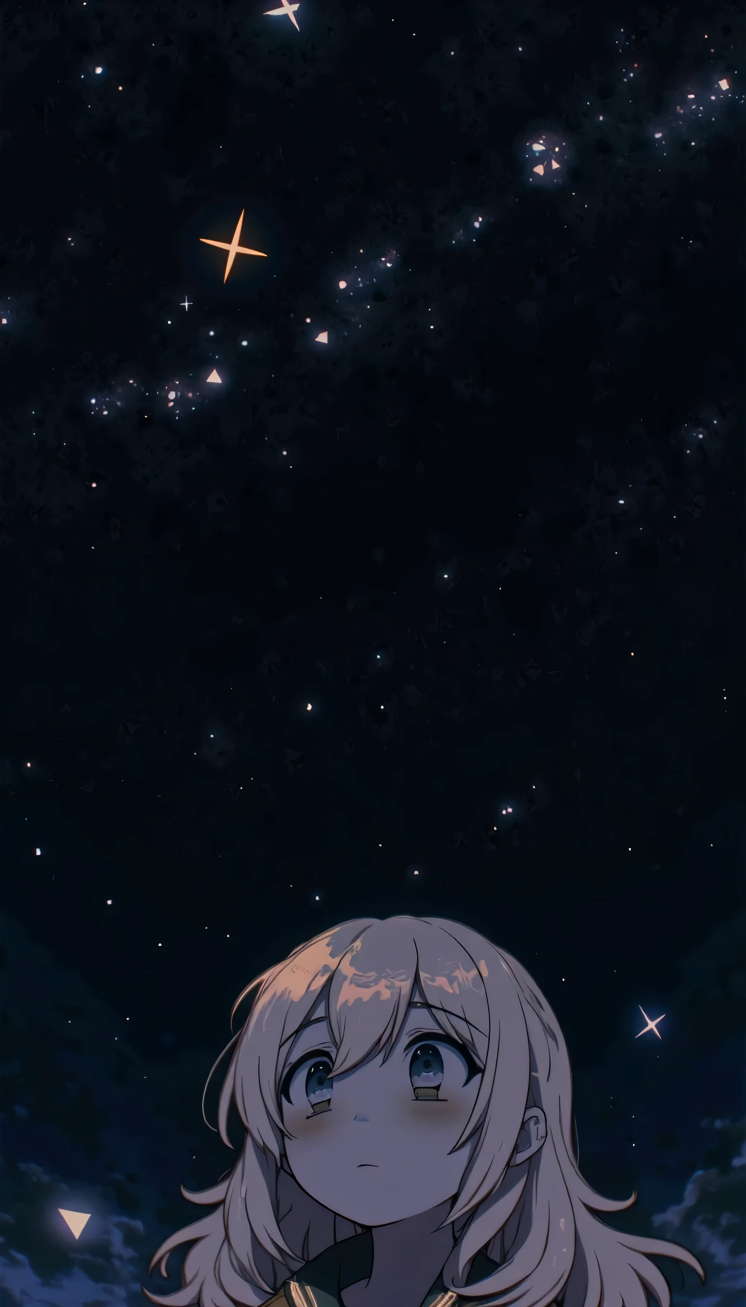 Black background with stars, anime chan, looks into the void, with a frightened look