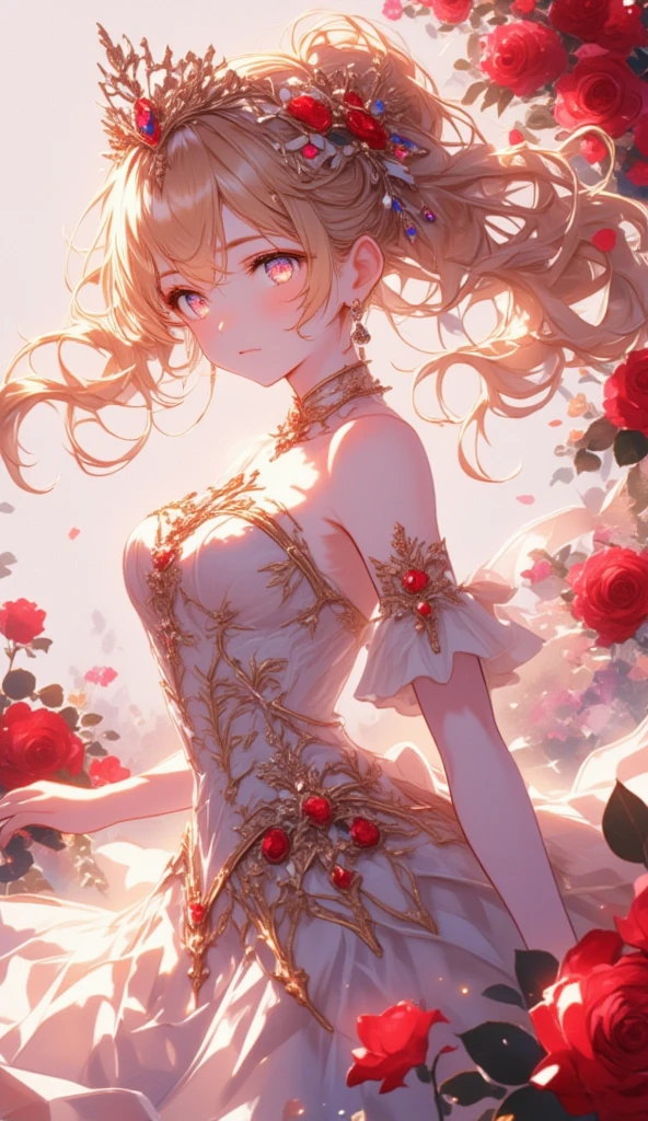 highest quality, 32k, RAW Photos, Unbelievably absurd, Very detailed, Delicate texture, beautiful, Slim and sharp face, Hit the knee, Wearing a translucent rainbow robe, Obscene language, Side braided hair, Metallic red eyes, Best body shape, pastel colour, background (Fractal Art, Art Design, Roses， Falling petals and gold dust:1.3)