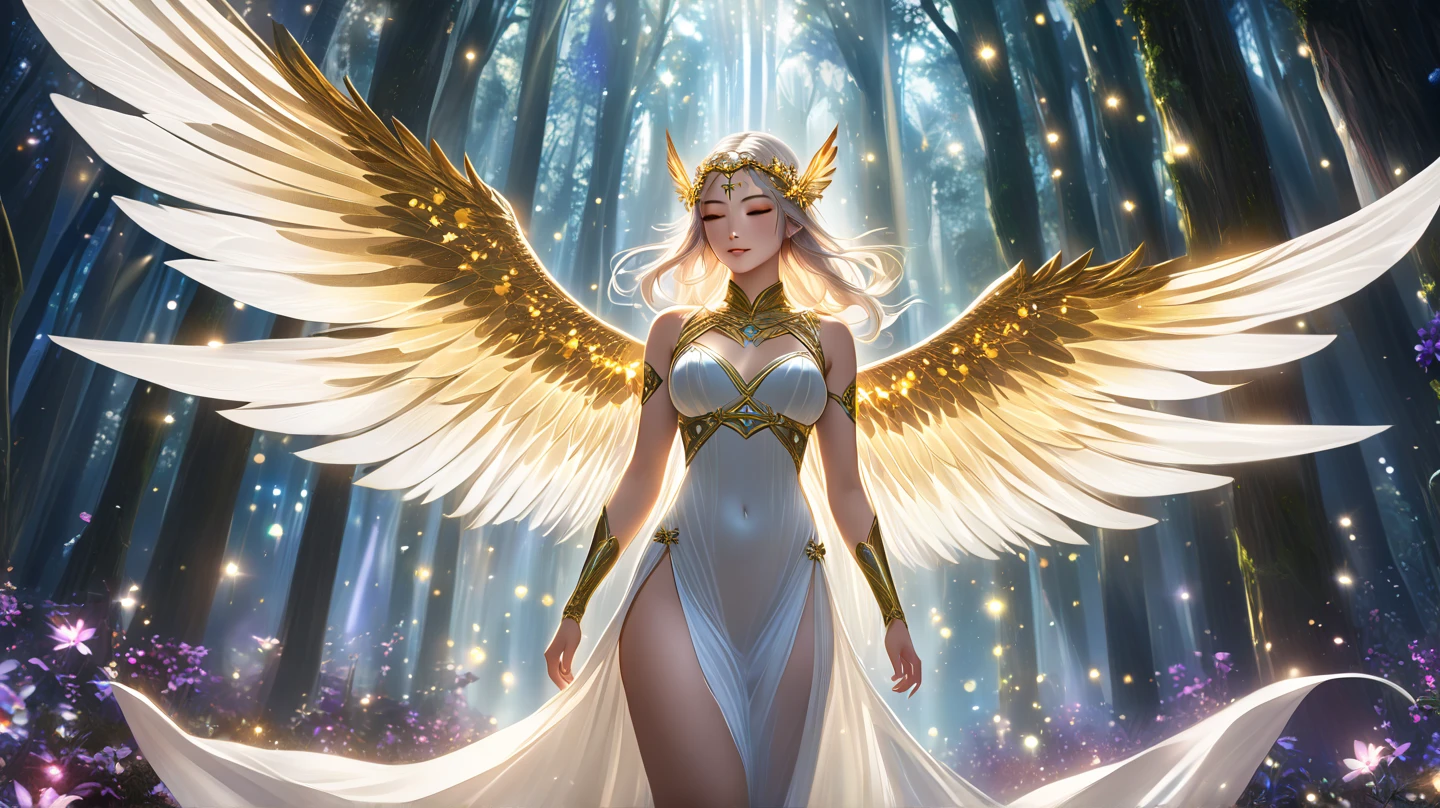 ultra realistic pictures. super fine art. super detail, micro expression detail. light smile. proportional pose, sexy girl, super beautiful, proportional face. charming girl in Greek ancient white robe costume, archangel metatron, giant wings angel, golden magenta, golden aura, magenta flame, universal logos, sparkling diamond dust. interstellar background, UHD, 8k
