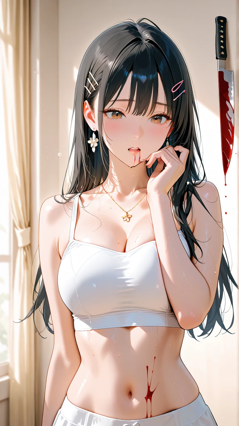 long hair, black hair, medium breast, slim legs, happy, white gown, cleavage, bedroom, skirt, rin tohsaka, twin tail, navel