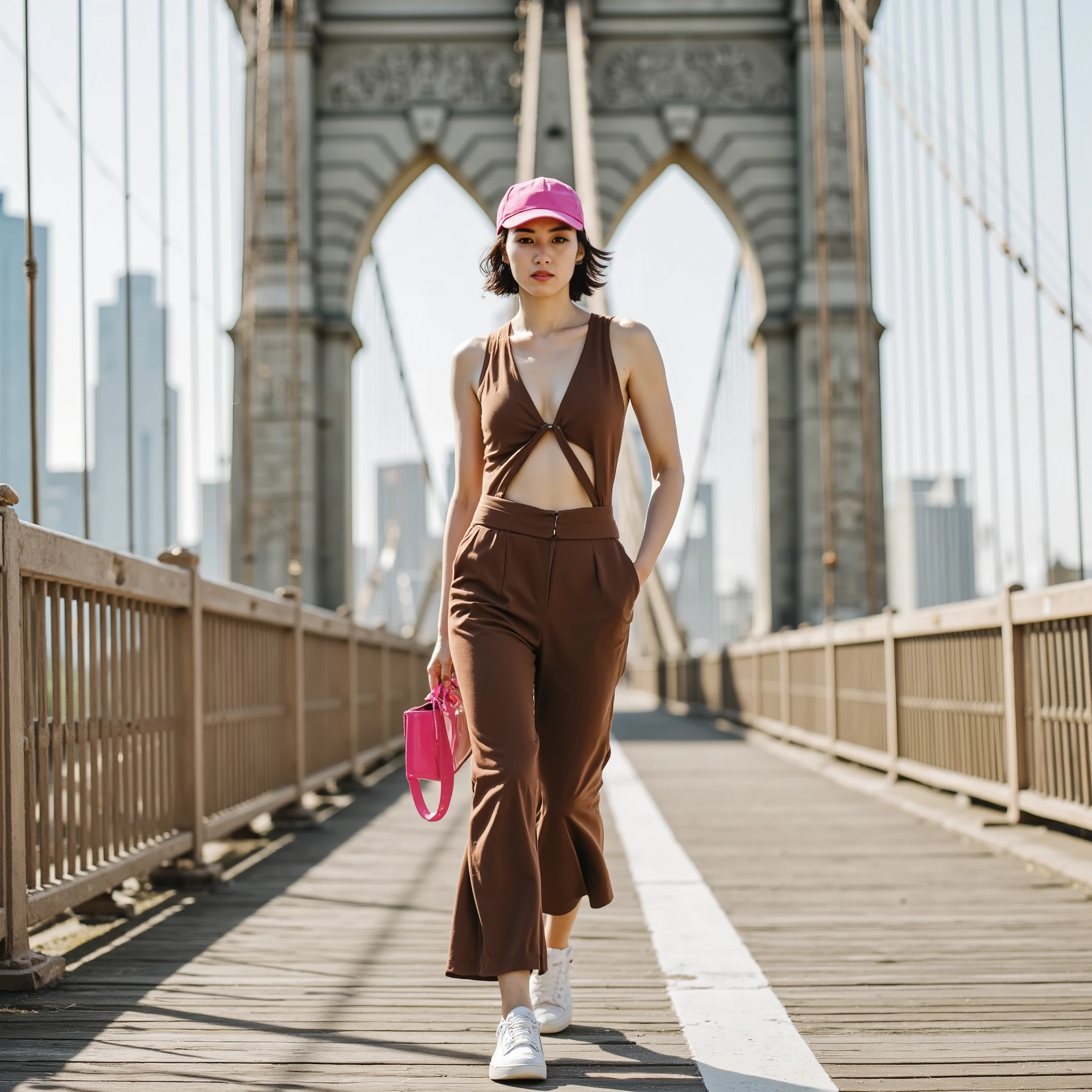 "A statuesque woman confidently walks the Brooklyn Bridge like a runway, wearing a sleek brown cut-out jumpsuit, hot pink backward cap, and glossy fuchsia micro bag. Shot from behind in a vertical frame, the bridge's dramatic lines and Manhattan skyline amplify the editorial vibe. Sunlight highlights her silhouette and fabric textures, while warm, high-contrast grading elevates the luxury streetwear aesthetic. The result is bold, cinematic fashion photography—where urban edge meets high-end polish."