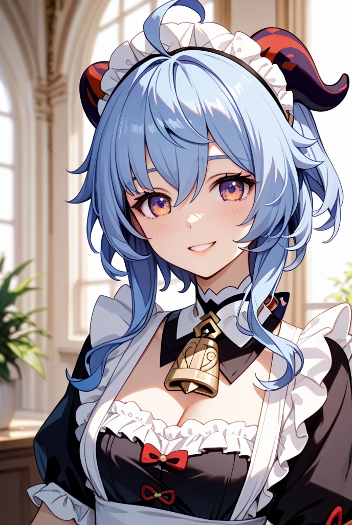 keqing (genshin impact), looking at viewer, purple hair, pink pupils, (white background:1.4), (masterpiece, best quality:1.2), (solo), (1girl), best quality, (photorealistic:1.4),ultra detailed, solo, (full body:1.5), standing, love in eyes, double ponytail, bow hairpins, blushing, smug, smile, white bow tie, maid outfit, long sleeves, miniskirt, big breasts