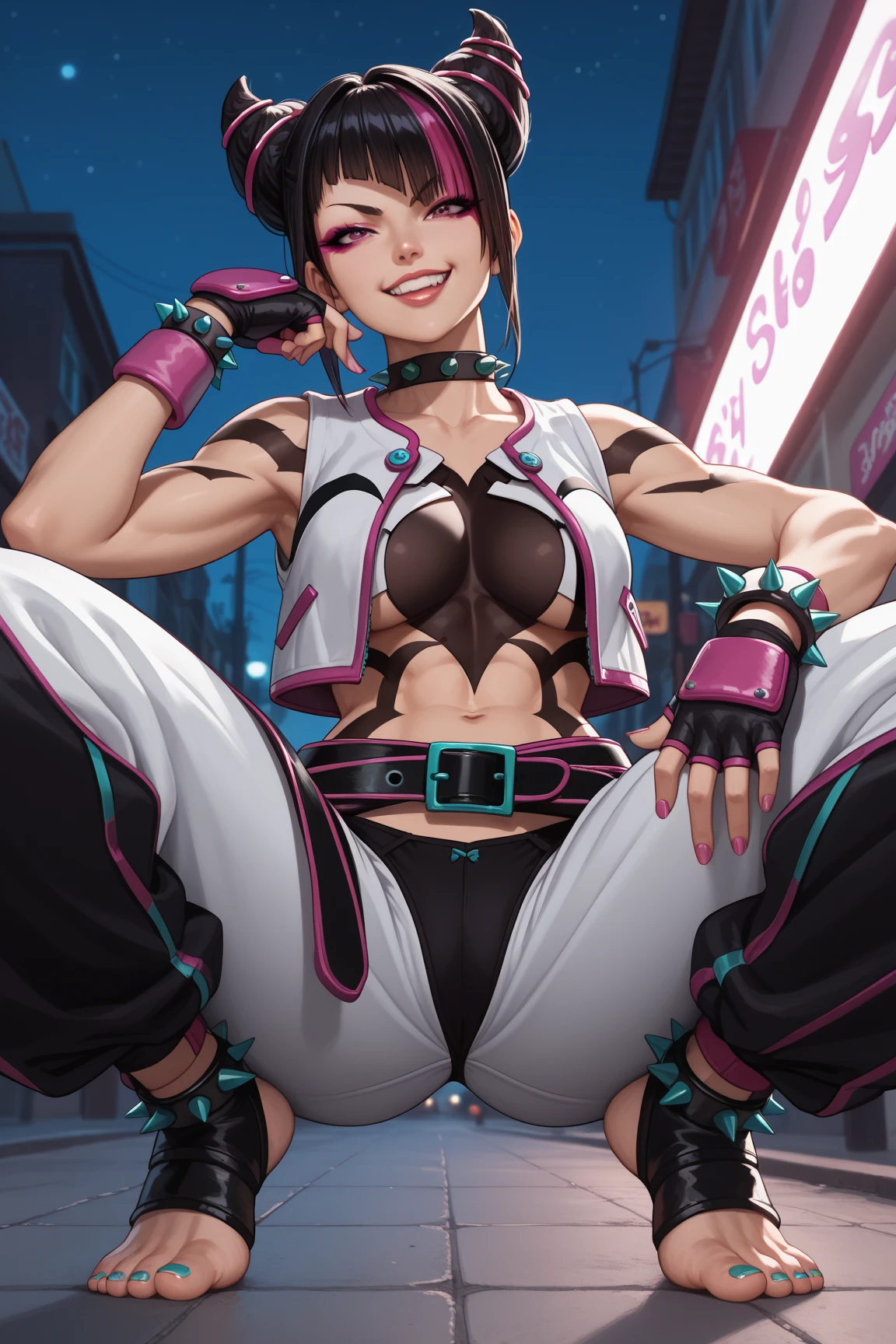 beautiful young fitness woman with , in a gym wearing May with black pantyhose, white and purple fitted gym jacket. standing alone,red eyes glowing,Evil smile,legging preto ,lips,dark eyeshadow,glare eyes,hands in pockets,necklase,half open jacket zipper,Tight black shirt,white sports sneakers,short hair with purple details,beautiful curves,all-body