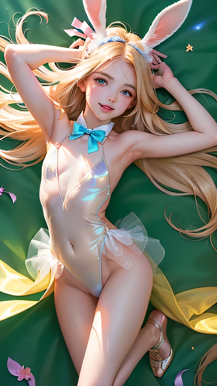 masterpiece, best quality, extremely detailed CG unity 8k wallpaper,((Upper Body)) ,((Upper Body head close-up shot of a beautiful little girl)), , Elegant Long straight blonde hair, (Mckenna Grace), ((flat chest,thighs,Autoluminescence skin)), (pink-green) golden (Glittering tutu,long Bunny Ear Headgear, , Bow-tie, No panties, genitals visible), ((spread legs)),(), (Blush), , (seductive smile), (Starry sky), pretty face, key art, award winning, intricate detail realism hdr, by (ruan jia and artgerm and range murata), Photorealism, Hyperrealism, ultra realistic, dramatic light, intense shadows, gorgeous view, depth of field