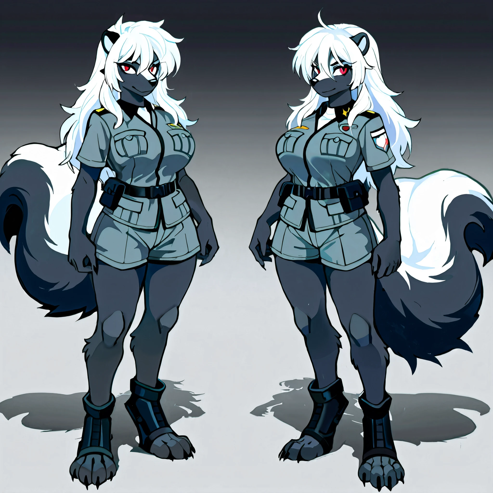 masterpiece, best quality, anime style, anime shading, full body picture, buxom body type, centered, three-quarters view, by plive, 1girl, anthro, furry female, large skunk female, long white hair, red eyes, (pointed ears), (tall with large breasts), black fur, skunk tail, black claws, black nose, digitigrade legs, digitigrade paws, (at a military base), wearing a specialist uniform, toeless combat boots, combat shorts