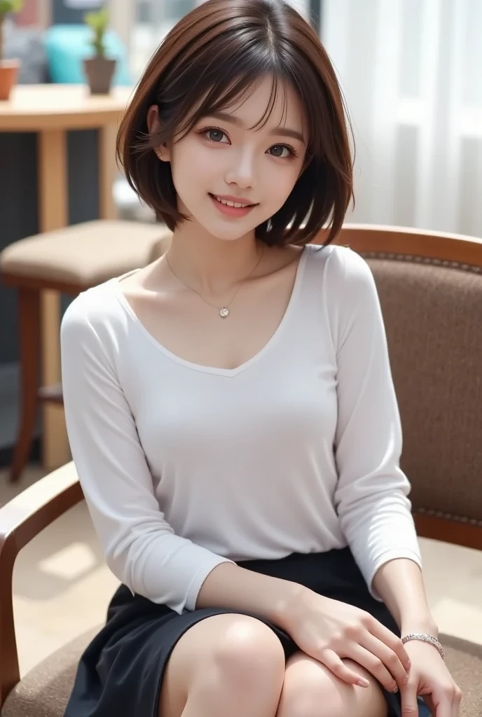 Cute College Girl、Age21 Japan、atlibrary、lecture、sit a chair、i&#39;i am taking notes、Super Detail Face、Eye of Detail、二重まぶた、beautiful thin nose、foco nítido:1.2、prety woman:1.4、(light brown hair,short-haired、),fair white skin、top-quality、​masterpiece、超A high resolution、(Photorealsitic:1.4)、Highly detailed and professional lighting smile、Cute Fashion、