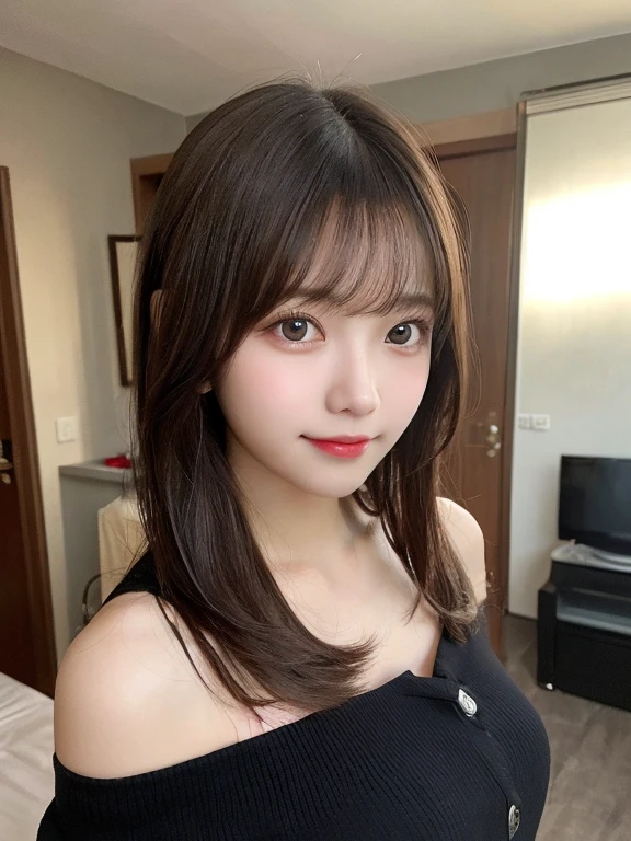 table top, highest quality, shape, Super detailed, finely, High resolution, 8k wallpaper, 完璧なダイナミックな構shape, beautiful and detailed eyes, Gorgeous and stylish black fluffy latest Tokyo winter clothes,ランダムなcute髪,small breasts,natural color lip, bold sexy pose,smile、20 year old girl、cute、sexy shot looking at camera,Always blur the background,perfect and beautiful face,Take only the face,beautiful and detailed face、slim face and style,Big eyes、Do gal makeup,real photos、Shooting from directly below、Living room on the top floor of a luxury designer apartment