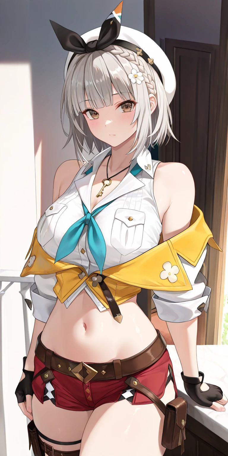 nearl, animal ears, horse ears, horse girl, ponytail, (blonde hair:1.7), (yellow eyes:1.5), long hair, underboob, (medium breasts:1.2),
BREAK ((bike shorts:1.4)), (sports top:1.5),
BREAK looking at viewer, (from below), sweaty body, wet, ((smirk)), sweaty, (sweaty belly:1.4),
BREAK (masterpiece:1.2), best quality, high resolution, unity 8k wallpaper, (illustration:0.8), (beautiful detailed eyes:1.6), extremely detailed face, perfect lighting, extremely detailed CG, (perfect anatomy),